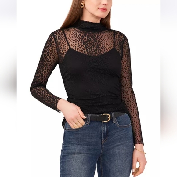 NWT Vince Camuto Mock Neck Long Sleeve Mesh Leopard Print Top in Black - Picture 1 of 16